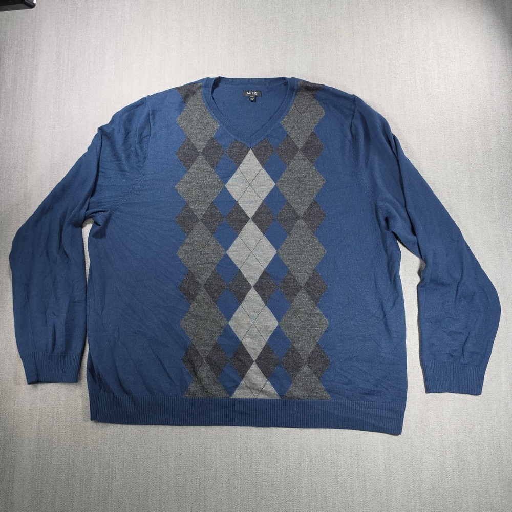Apt 9 Sweater Mens 3XB Blue Argyle V-Neck Merino Wool Blend Long‎ Sleeve